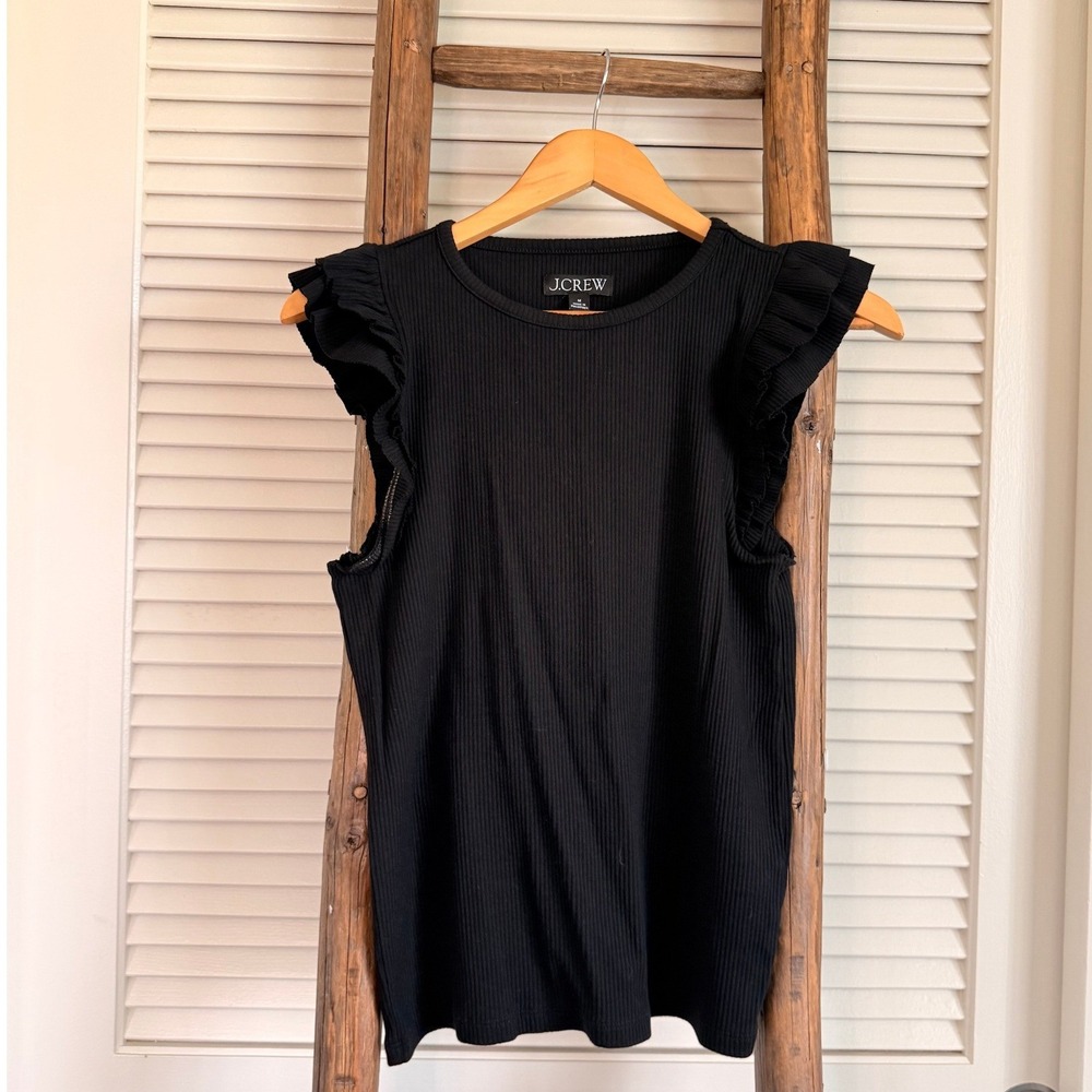 J.Crew‎ Ruffle Sleeve Ribbed Top Medium Black